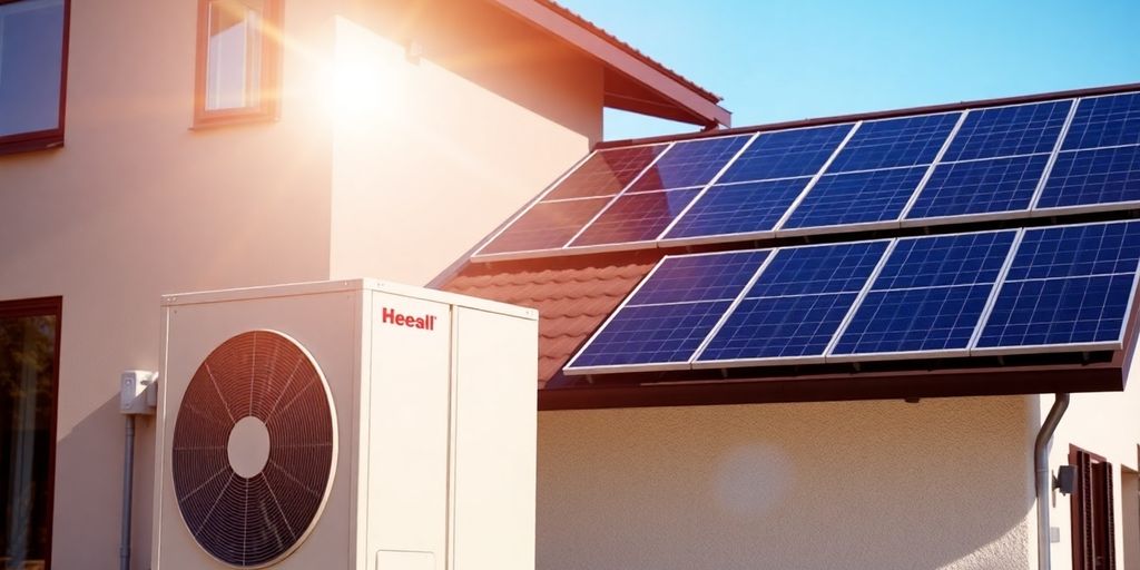 Wärmepumpen und Solarmodule auf einem Hausdach.