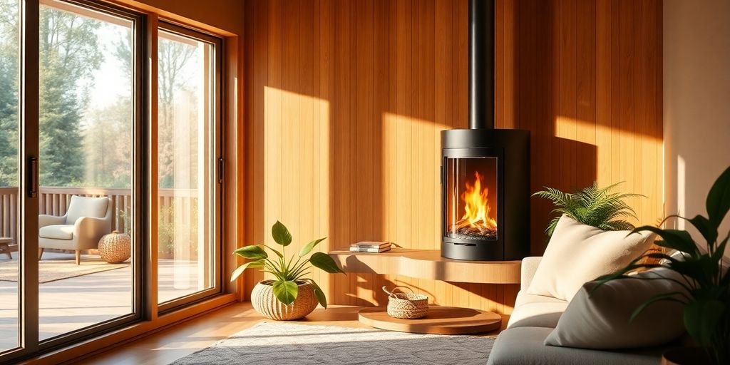 Biomasseheizung im gemütlichen Wohnzimmer mit Kaminfeuer.